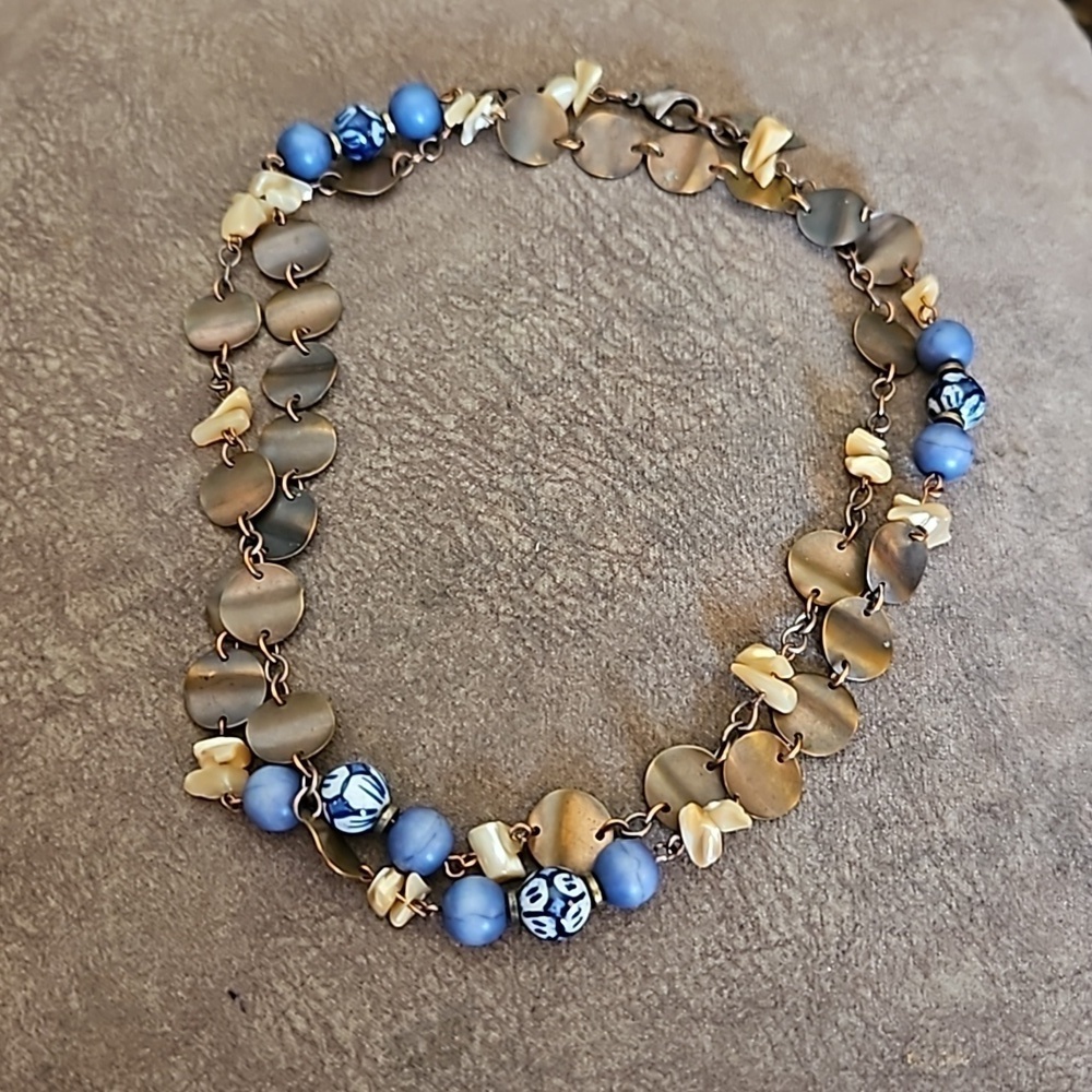 VTG Coldwater Creek Ceramic Shell Bronze Disc Beaded Chain Long Necklace - Picture 2 of 9